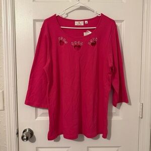 NWT Quacker Factory Women's Pink 3/4 Sleeve Heart Embellished Womens Top sz L